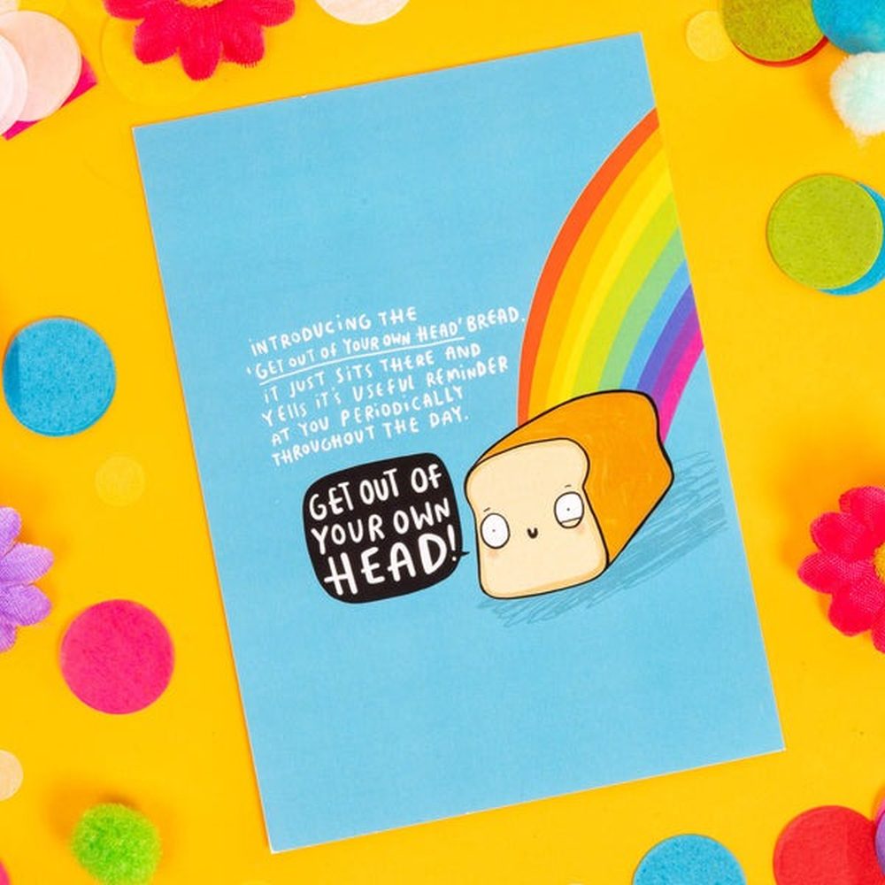 Katie Abey Design - Get Out of Your Head Bread! Motivational Postcard Wenskaart - Multicolours